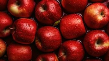 ai generativ makro av färsk röd våt äpplen med vatten droppar. äta en röd äpple dag baner foto