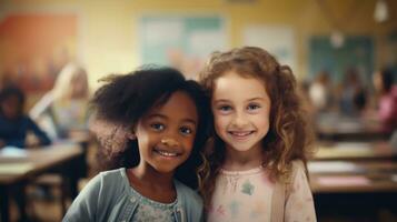 ai generativ två liten flickor är vänner. flickor med svart och vit hud. skola vänner foto