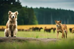 två hundar är stående i en fält med nötkreatur. ai-genererad foto