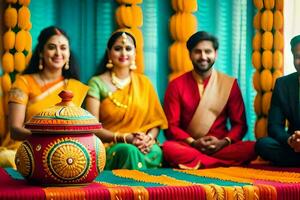 en par och deras vänner i traditionell indisk klädsel. ai-genererad foto