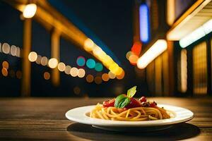 spaghetti på en tallrik med en suddigt bakgrund. ai-genererad foto