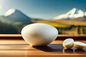 en vit ägg Sammanträde på en tabell med bergen i de bakgrund. ai-genererad foto