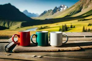 tre kaffe muggar på en tabell i främre av en berg. ai-genererad foto