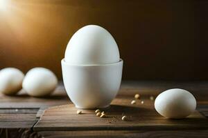 vit ägg i en kopp på en trä- tabell. ai-genererad foto