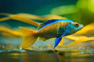 en fisk med blå och gul färger. ai-genererad foto