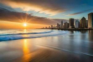 de Sol uppsättningar över de stad horisont i dubai. ai-genererad foto