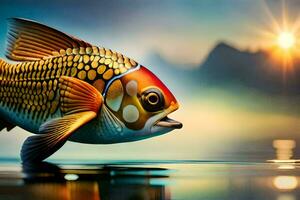 en fisk är simning i de vatten med de Sol i de bakgrund. ai-genererad foto