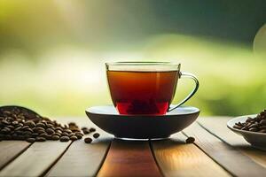 kaffe bönor och en kopp av te på en trä- tabell. ai-genererad foto
