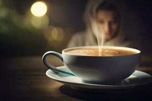 en kvinna är Sammanträde i en kaffe kopp med ånga kommande ut av Det. ai-genererad foto