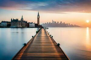 de Sol stiger över de stad av london. ai-genererad foto