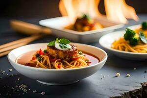 spaghetti med köttbullar och grönsaker i skålar. ai-genererad foto