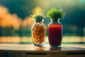 två vaser med frukt och grönsaker i dem på en tabell. ai-genererad foto