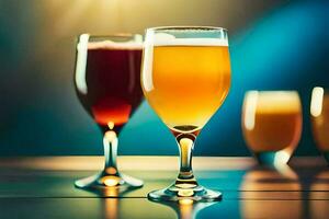 tre glasögon av öl på en tabell. ai-genererad foto