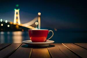 en röd kopp sitter på en tabell i främre av en bro. ai-genererad foto