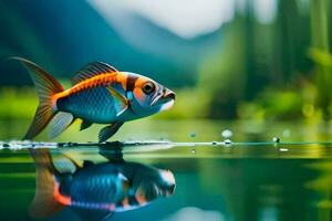 en fisk är stående på de vatten med dess reflexion. ai-genererad foto