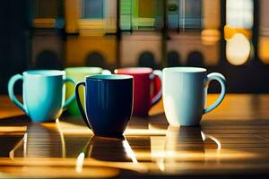 fem färgrik kaffe koppar sitta på en trä- tabell. ai-genererad foto