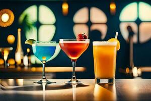 tre annorlunda färgad cocktails på en bar disken. ai-genererad foto
