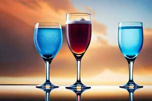 tre glasögon av annorlunda färgad drycker är visad. ai-genererad foto