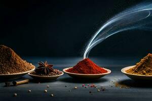 kryddor och kryddor i skålar på en mörk bakgrund. ai-genererad foto