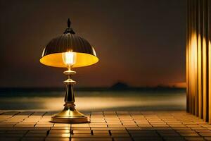 en gyllene lampa på en tegel gångväg nära de hav. ai-genererad foto