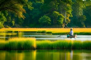en man i en båt på en flod med lång gräs. ai-genererad foto