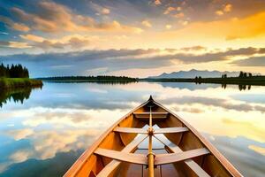 en kanot är flytande på en lugna sjö på solnedgång. ai-genererad foto