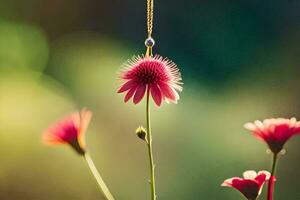 en rosa blomma med en halsband hängande från Det. ai-genererad foto