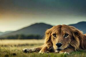en lejon om i de gräs på solnedgång. ai-genererad foto