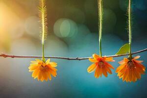 tre orange blommor hängande från en gren. ai-genererad foto