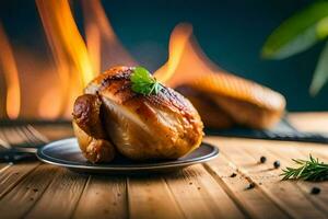 en kyckling på en tallrik med örter och kryddor. ai-genererad foto