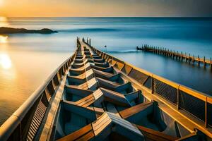 en lång pir med trä- båtar på solnedgång. ai-genererad foto