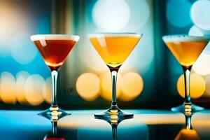 tre annorlunda typer av cocktails är fodrad upp på en tabell. ai-genererad foto