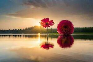 två blommor är reflekterad i de vatten på solnedgång. ai-genererad foto