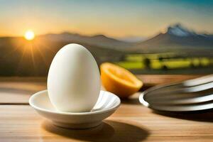 ett ägg sitter på en tabell med en gaffel och sked. ai-genererad foto