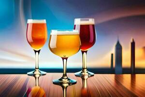 tre glasögon av öl är Sammanträde på en tabell. ai-genererad foto