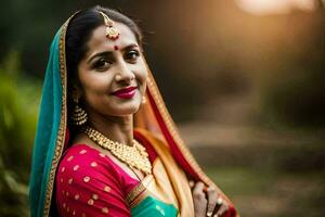 ett indisk kvinna i traditionell Kläder poser för de kamera. ai-genererad foto