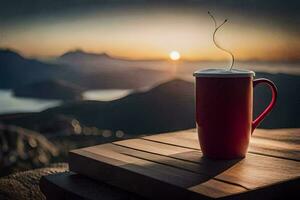 en kopp av kaffe på en tabell med de Sol miljö Bakom Det. ai-genererad foto