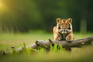 en tiger Sammanträde på en logga i de gräs. ai-genererad foto