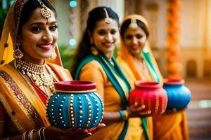 tre kvinnor i saris innehav färgrik krukor. ai-genererad foto