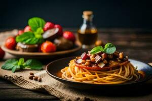 spaghetti med tomat sås och svamp på en tallrik. ai-genererad foto