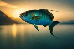 en fisk är flygande över de vatten på solnedgång. ai-genererad foto