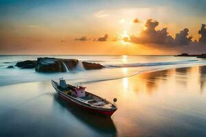 en båt på de strand på solnedgång. ai-genererad foto