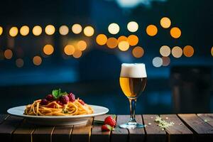 en tallrik av spaghetti och en glas av öl på en trä- tabell. ai-genererad foto