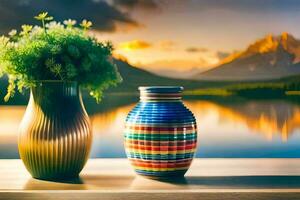 två vaser med blommor på en tabell i främre av en sjö. ai-genererad foto