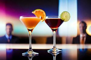 två cocktails på en bar disken. ai-genererad foto