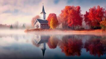 en skön små vit trä- kyrka reflekterande i en sjö i höst, skön röd träd färger, en ljus dimma generativ ai foto