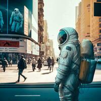astronaut i ett utomjordisk metropol generativ ai foto