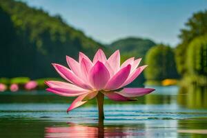 en rosa lotus blomma är flytande i de vatten. ai-genererad foto