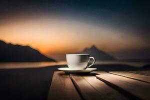 kaffe kopp på en trä- tabell med bergen i de bakgrund. ai-genererad foto