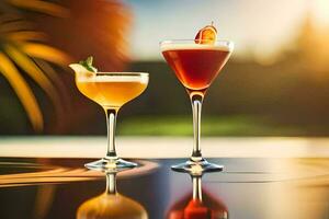 två cocktails på en tabell med en solnedgång i de bakgrund. ai-genererad foto